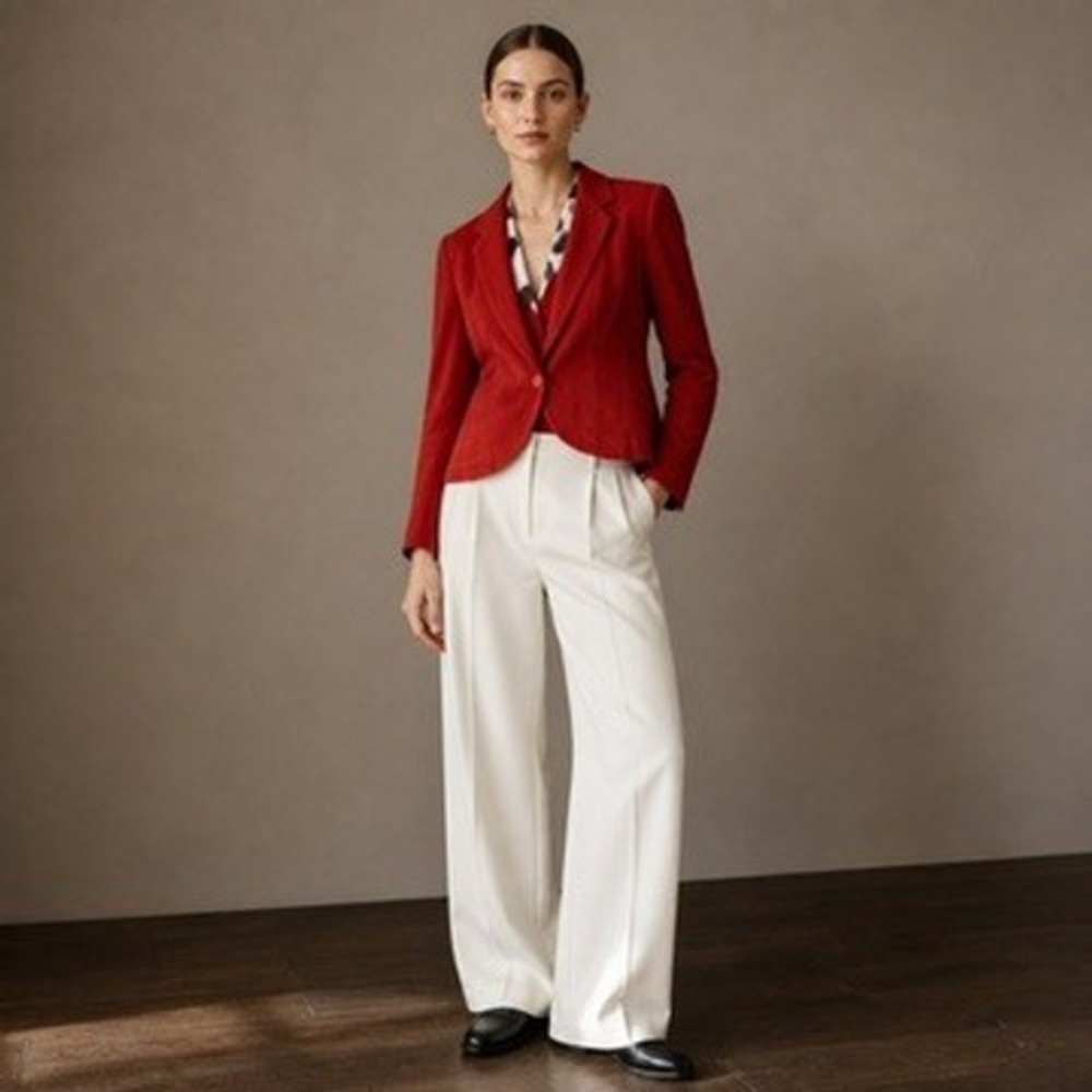 Yigal Azrouel Suede Blazer Women 10 Red Polka Dot Silk Lining Button Tailored